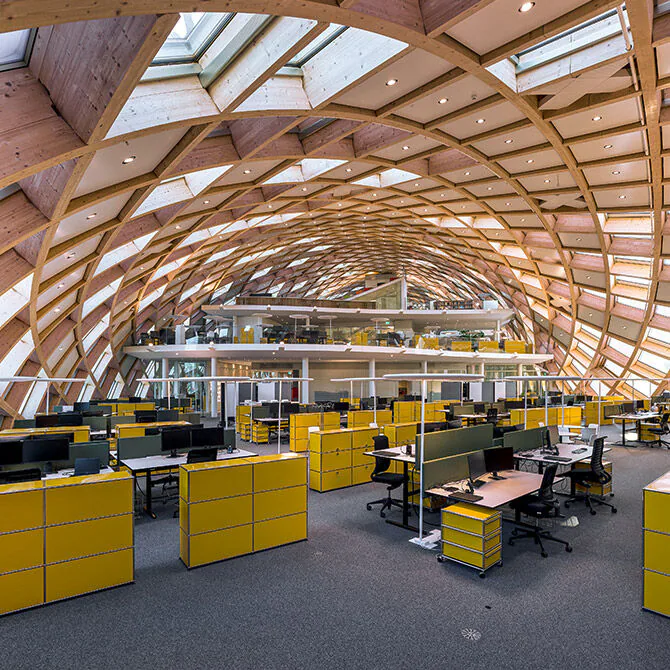 Interior of the Swatch headquarters in Biel, designed by Shigeru Ban
